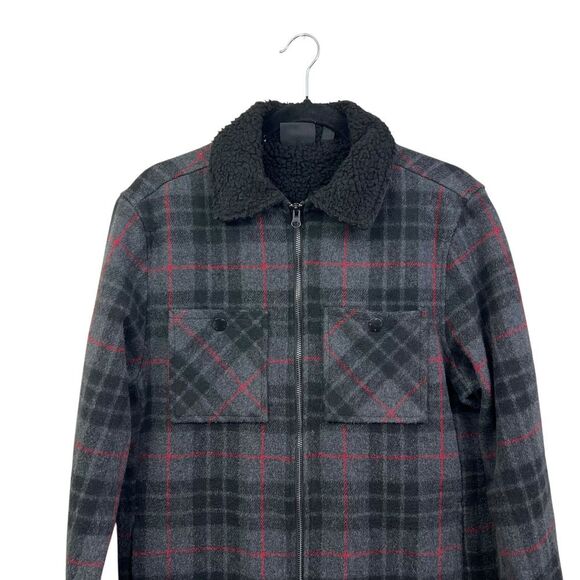 Wesc Womens Plaid Jacket Sherpa Collar Checkered Gray Red Zip Up Sz M - Picture 2 of 7